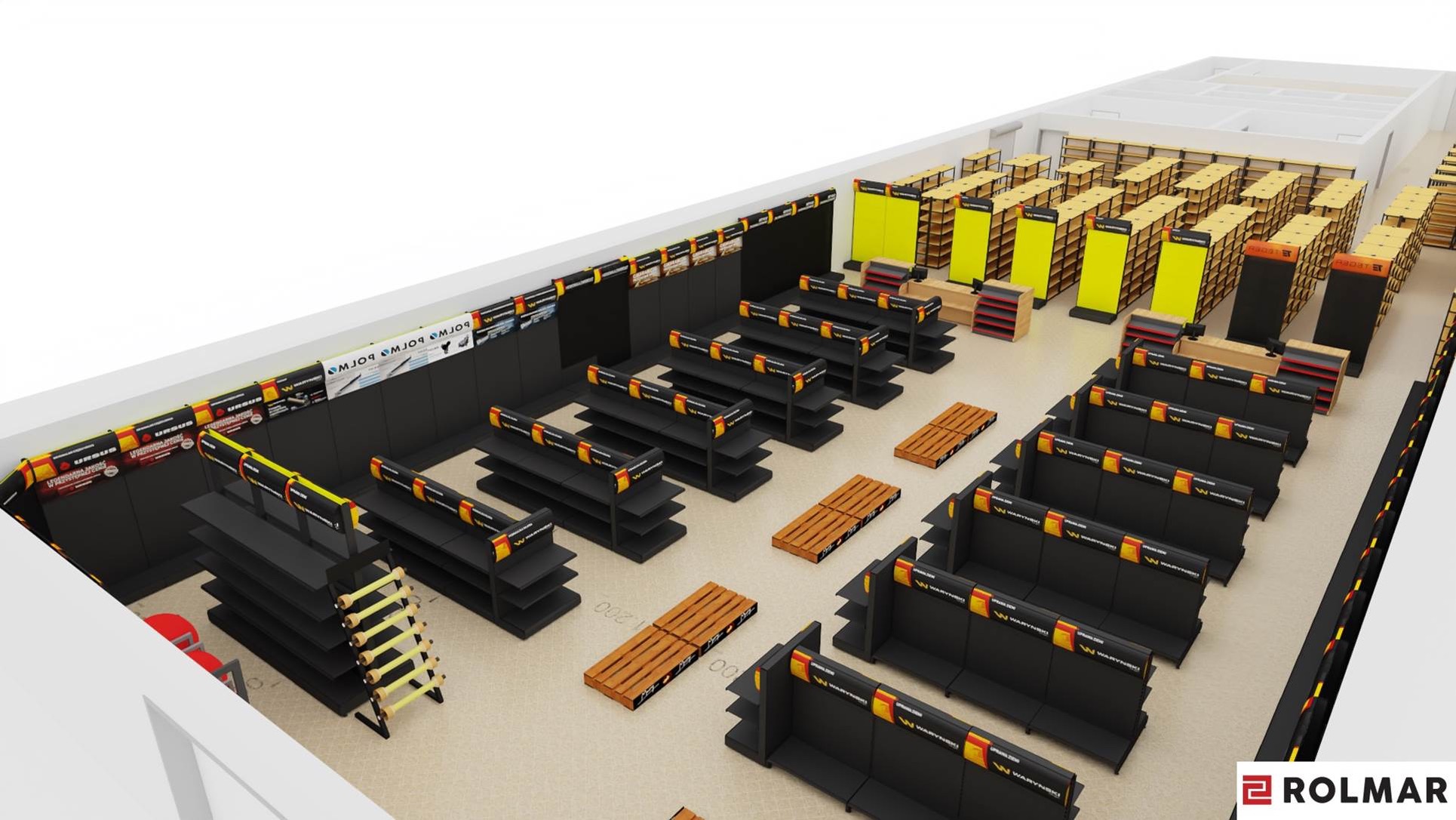 Store layout visualization with black shelves, wooden pallets, and yellow wall accents. The design shows retail space with systematically arranged fixtures, Rolmar logo in bottom right