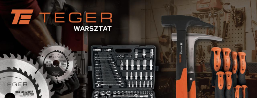 Teger Extreme tool line: two shovels with white blades and orange handles, three axes of different sizes with black shafts and orange handles, and one hatchet, all against a wood texture and metal mesh background. Teger Extreme logo visible in the center of the image.