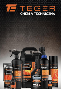 Teger technical chemicals line: a set of black packages containing various products, including cleaning fluids, washing agents, and degreasers. Products in spray bottles, canisters, and aerosols, marked with Teger's orange-black branding on a dark background with metal texture.