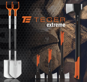 Teger workshop tools collection: 250mm steel cutting discs, professional case with wrench and socket set, axes, and a set of screwdrivers with orange ergonomic handles. Workshop interior with tool board visible in the background. Teger Workshop logo visible at the top of the image.