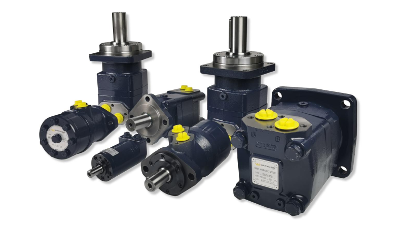 Range of Waryński hydraulic motors, showing various models in navy blue with yellow elements, along with the Waryński Hydraulika company logo