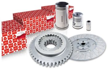 Set of automotive spare parts, including pistons, liners, clutch disc, and gears, shown next to their branded packaging.